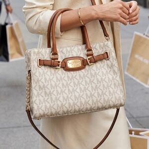 Michael Kors Hamilton White And Brown Tote Bag